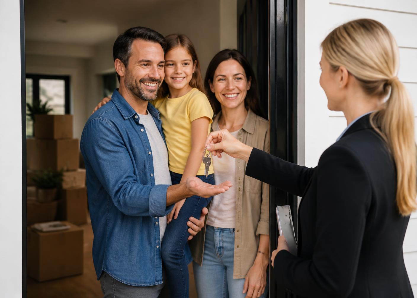 Agent handing house keys to a family in the doorway of their new home