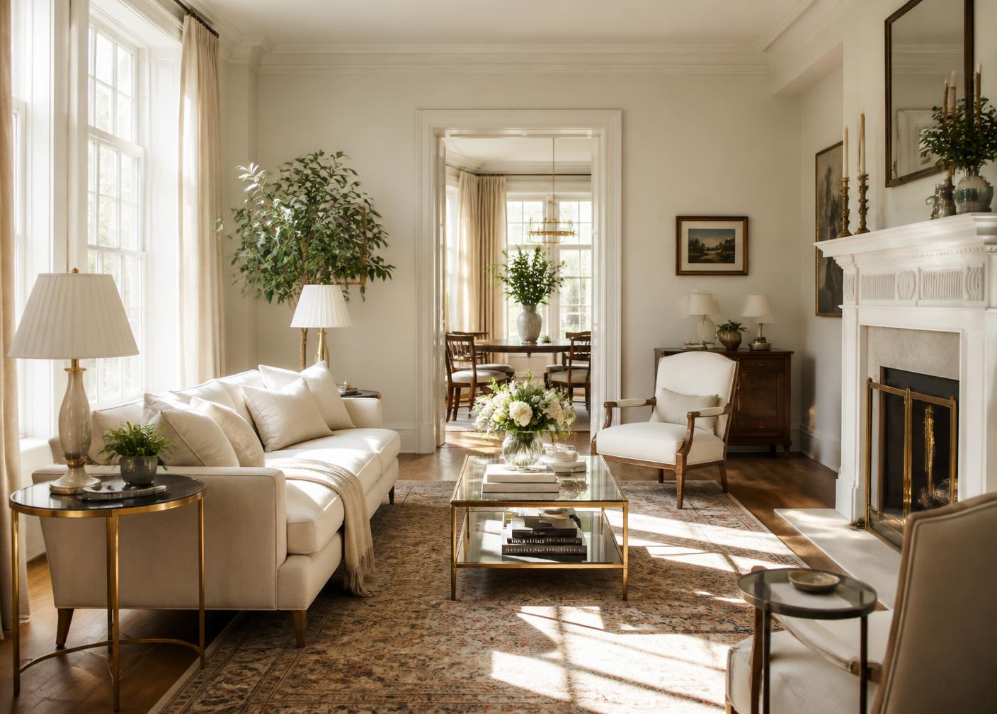 Sunlit living room of a well-appointed home with linen furnishings and brass accents