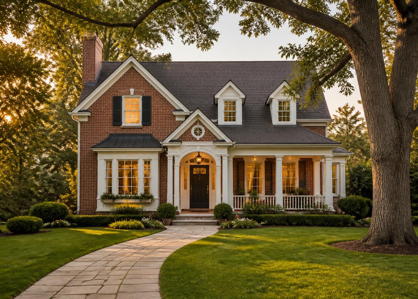 Brick traditional family home at golden hour with a stone walkway and mature trees