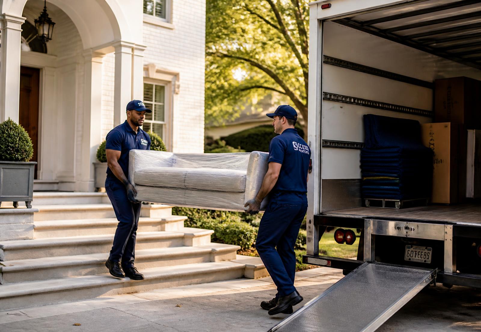 Two uniformed movers carrying a wrapped sofa into a moving truck outside an elegant home